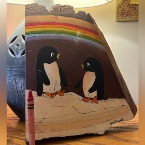 Cute one of a kind penguin love painted wooden wall art